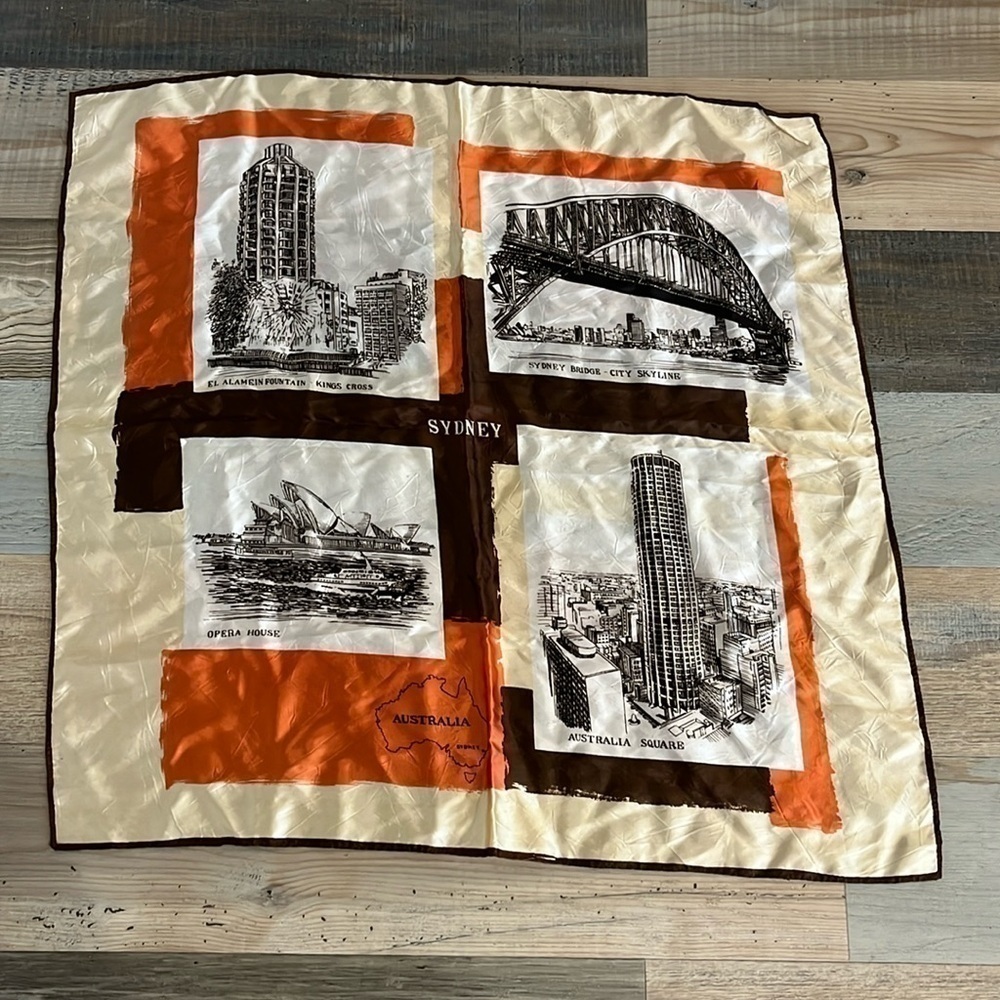 Vintage Sydney Australia Landmarks of interest Scarf 25" x 25" Orange Tan Brown